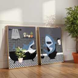 Shark Bathroom Prints, Bath & Toilet Art, Set Of Two Grey Prints - thumbnail 2