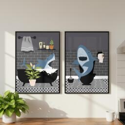 Shark Bathroom Prints, Bath & Toilet Art, Set Of Two Grey Prints - thumbnail 1