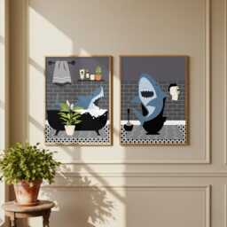 Shark Bathroom Prints, Bath & Toilet Art, Set Of Two Grey Prints - thumbnail 3