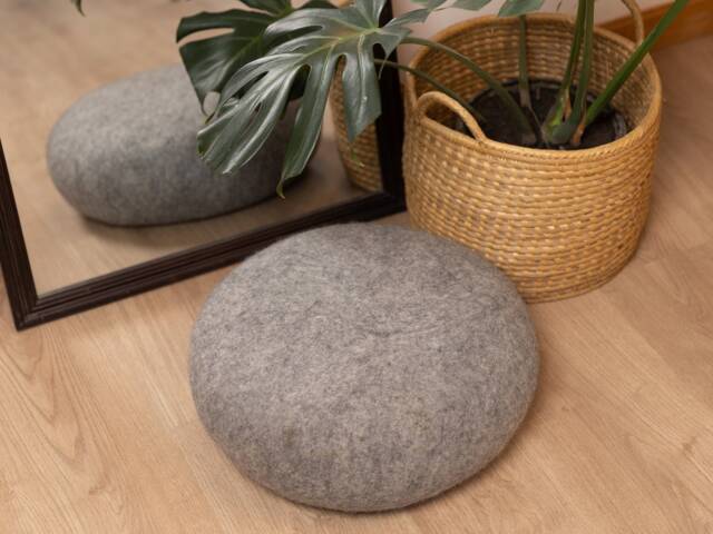 Handmade Wool Felt Stone Pouf - Grey Black Floor Cushion Ottoman - 40cm Diameter - image 1