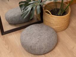 Handmade Wool Felt Stone Pouf - Grey Black Floor Cushion Ottoman - 40cm Diameter - thumbnail 1