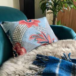 Tropical Cushion Cover - Garden Cushion Blue Leaf Pink Flower - thumbnail 1