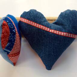 Crazy Quilt July 4Th Heart Pillow, Red White Blue Denim Decor - thumbnail 3
