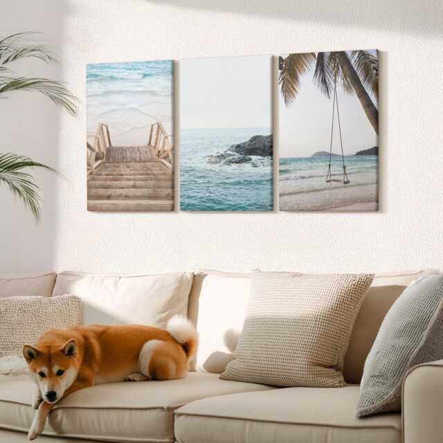 Canvas Set Of 3 Wall Art - Stairs To The Beach, Sea View & Palm Tree Swing, Turquoise Art, Landscapes Decor - image 1