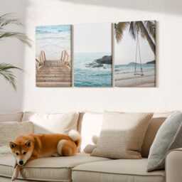 Canvas Set Of 3 Wall Art - Stairs To The Beach, Sea View & Palm Tree Swing, Turquoise Art, Landscapes Decor