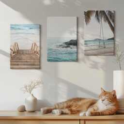 Canvas Set Of 3 Wall Art - Stairs To The Beach, Sea View & Palm Tree Swing, Turquoise Art, Landscapes Decor - thumbnail 3