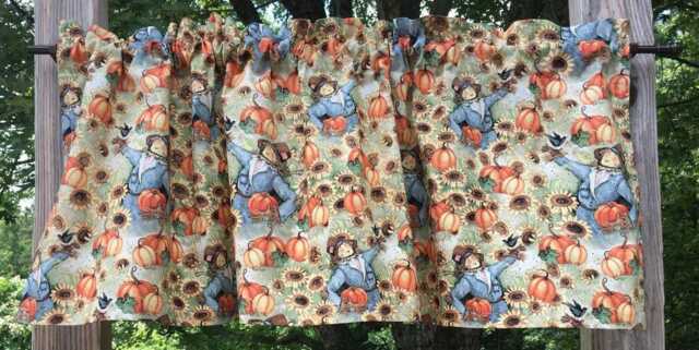 Sunflower Kitchen Valance - Autumn Harvest Sunflowers Pumpkins Scarecrow Farmhouse Fall Curtain - image 1