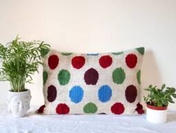 Decorative Turkish Silk Velvet Ikat Kilim Throw Pillow Lumbar Pillowcase - thumbnail 1