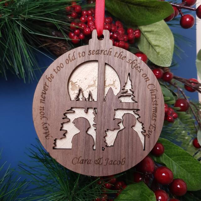 Search The Skies On Christmas Eve, Personalised Tree Bauble For Chidlren, Eve Accessory, Santa & Sleigh Hanger Ornament - image 1