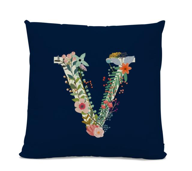 Initial Pillow - Floral Letter With V Monogrammed Custom Throw Flower Monogram