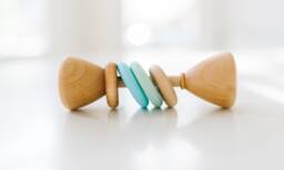 Colorblock Wooden Baby Rattle With Silicone Rings
