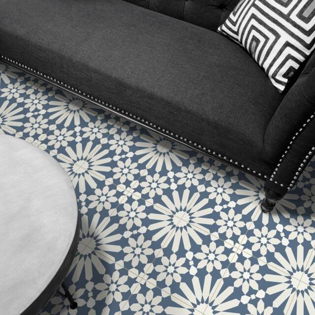 Vinyl Area Rug With Moroccan Tiles Design in Blue & Beige. Linoleum Style Zellige Tiles. Art Mat - image 1