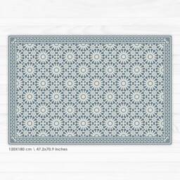 Vinyl Area Rug With Moroccan Tiles Design in Blue & Beige. Linoleum Style Zellige Tiles. Art Mat - thumbnail 3
