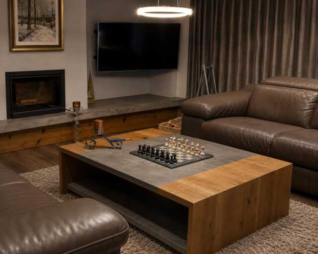 Hand Made Rustic Oak Coffee Table With Polished Concrete Inserts - Industrial Wooden Living Room - image 1