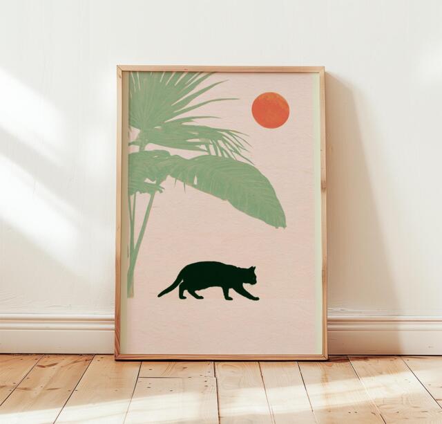 Black Cat Poster, Tropical Leaf Print, Minimal Nature Wall Art - image 1