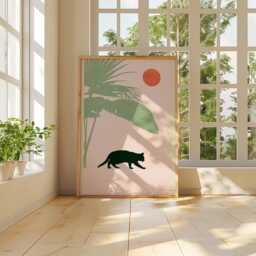 Black Cat Poster, Tropical Leaf Print, Minimal Nature Wall Art - thumbnail 4