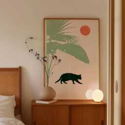 Black Cat Poster, Tropical Leaf Print, Minimal Nature Wall Art - thumbnail 3