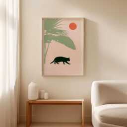 Black Cat Poster, Tropical Leaf Print, Minimal Nature Wall Art - thumbnail 2