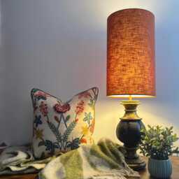 Terracotta Orange Linen Drum Extra Tall Cylindrical Lampshade, With A White Lining - thumbnail 2