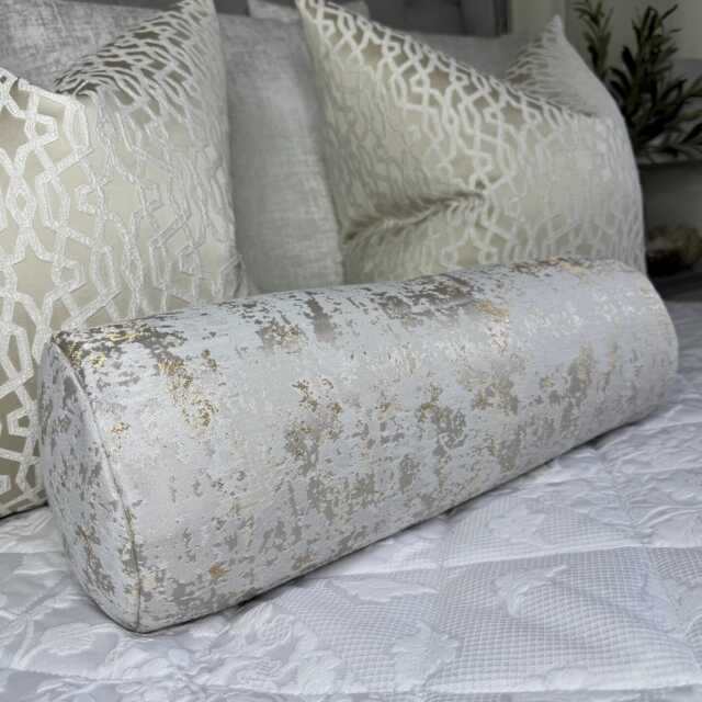 Luxury Ivory Gold Bolster Cushion Duck Feather, Designer Fabric, 16x6 Inch, Home Decor - image 1