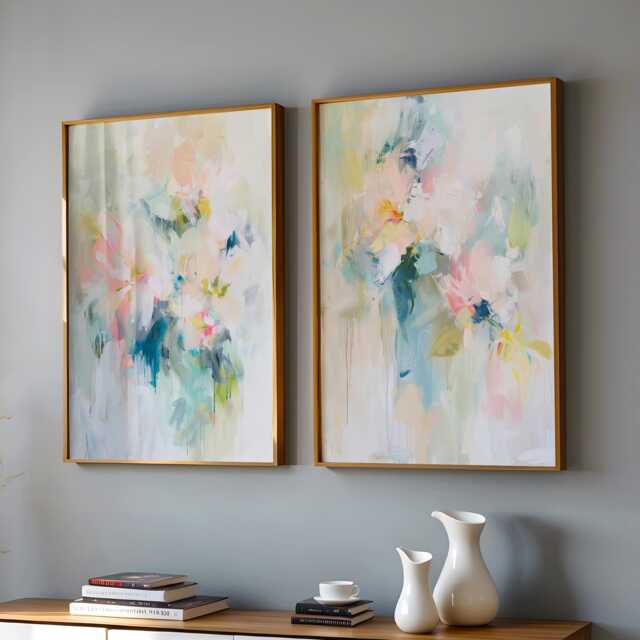 Abstract Floral Wall Art Set Of 2, Pastel Modern Botanical Prints, Large Contemporary Diptych For Living Room Decor - image 1