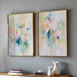 Abstract Floral Wall Art Set Of 2, Pastel Modern Botanical Prints, Large Contemporary Diptych For Living Room Decor - thumbnail 1