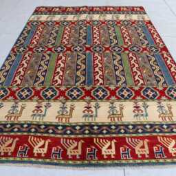 5x8 Ft Luxury Afghan Red New Area Rug, Kazak Hand Knotted Rug, Medallion Geometric Carpet, Rug For Living Room Carpet - thumbnail 2