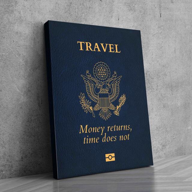 Passport Travel Art - Canvas Motivational Success, Pop Large Canvas American Passport, Money Returns Time Does Not - image 1