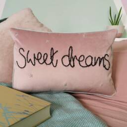 Sweet Dreams Embroidered Pink Velvet Cushion For Bedroom Or Nursery