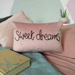 Sweet Dreams Embroidered Pink Velvet Cushion For Bedroom Or Nursery - thumbnail 3