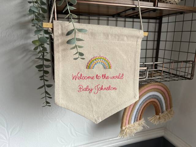Personalized Embroidered Baby Name Banner Rainbow Nursery Decor - image 1