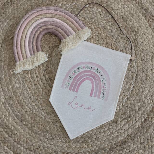 Nursery Decor, New Baby Gift, New Birth, Personalised, Baby Girl, Newborn, Toddler, Wall Hanging, Rainbow, Playroom, Bedroom, Pennant, Flag, Girls - image 1