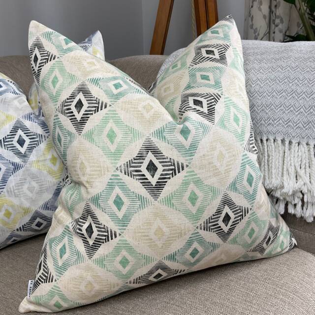 Scandi Retro Design Diamond Ikat Cushion Cover, Green Decorative Pillow , Throw For Sofa/Bed 100% Cotton Double Sided - image 1