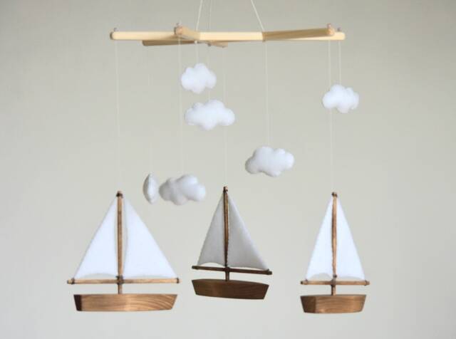 Handmade Sailboat Baby Mobile Felt Clouds, Wooden Boats - image 1
