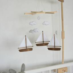 Handmade Sailboat Baby Mobile Felt Clouds, Wooden Boats - thumbnail 3