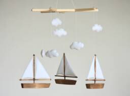 Handmade Sailboat Baby Mobile Felt Clouds, Wooden Boats - thumbnail 1