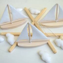 Handmade Sailboat Baby Mobile Felt Clouds, Wooden Boats - thumbnail 4