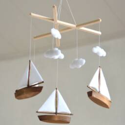Handmade Sailboat Baby Mobile Felt Clouds, Wooden Boats - thumbnail 2