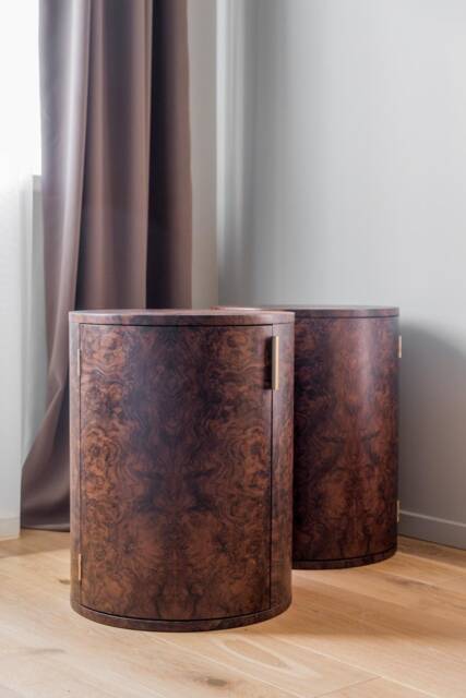 Handcrafted Cylinder Nightstand With Doors in Walnut Burl Woods - Unique Bedroom Storage - image 1