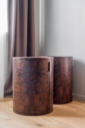 Handcrafted Cylinder Nightstand With Doors in Walnut Burl Woods - Unique Bedroom Storage - thumbnail 1
