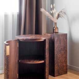 Handcrafted Cylinder Nightstand With Doors in Walnut Burl Woods - Unique Bedroom Storage - thumbnail 2