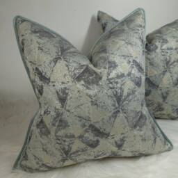 Geometric Duck Egg & Gold, Piped in Luxury Satin Mint Green Gold Fabric Jacquard Design Pillow Metallic Thread Detail Cushion Cover - thumbnail 2