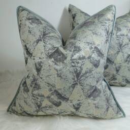 Geometric Duck Egg & Gold, Piped in Luxury Satin Mint Green Gold Fabric Jacquard Design Pillow Metallic Thread Detail Cushion Cover