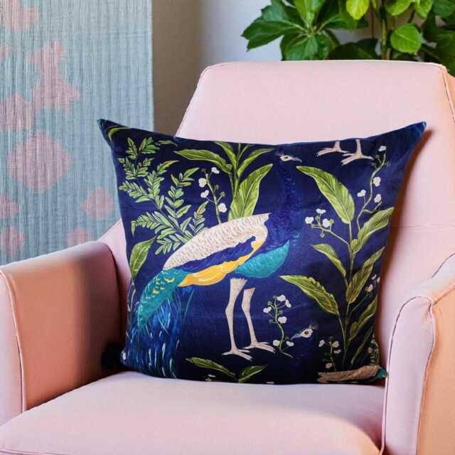 Peacock Velvet Cushion Cover Navy Blue & Turquoise Accent Pillow - image 1