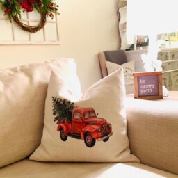 Vintage Red Truck Christmas Pillow Cover Linen Farmhouse Decor - thumbnail 3