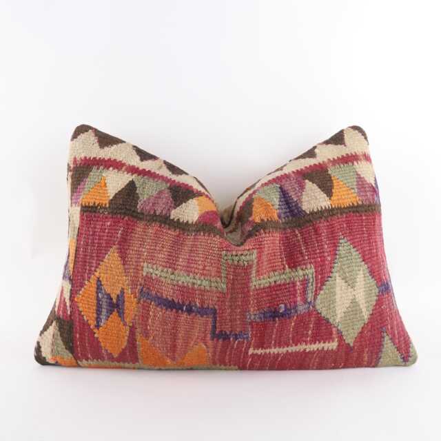 Handwoven Turkish Kilim Lumbar Pillow Bohemian Home Decor - 16x24 Inch - image 1