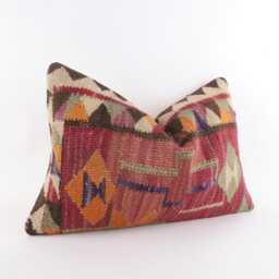 Handwoven Turkish Kilim Lumbar Pillow Bohemian Home Decor - 16x24 Inch - thumbnail 2