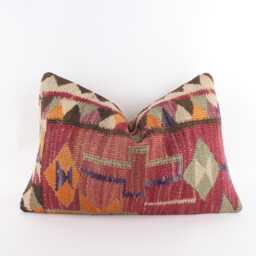 Handwoven Turkish Kilim Lumbar Pillow Bohemian Home Decor - 16x24 Inch