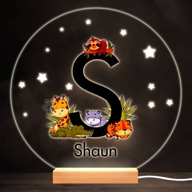 Sleeping Baby Safari Animals Letter S Round Personalised Gift Lamp Night Light - Bedroom - image 1