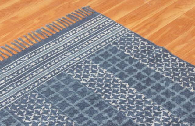 Indigo Blue Cotton Kilim Rug, Hand Block Printed Flatweave Area Boho Runner Rug With Tassels, Modern Farmhouse - image 1